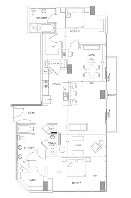 Floor plan for 2 beds, 2 baths, 1666 sqft